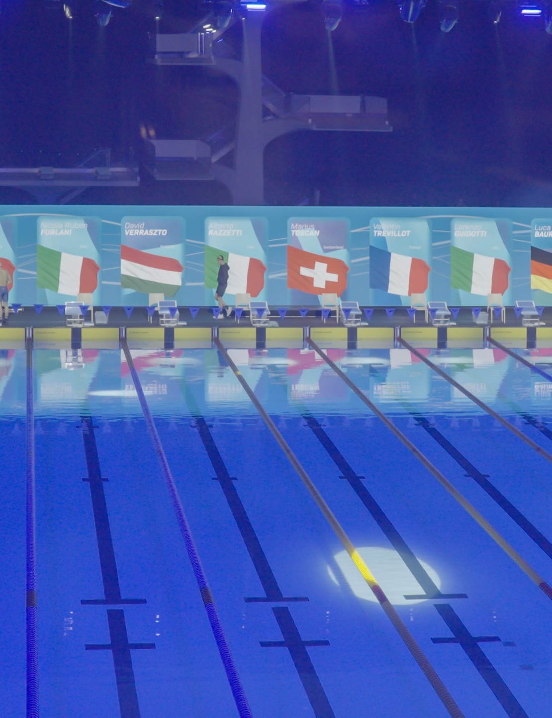 pool staging and LED screen during SwimCup Lausanne live sports event production