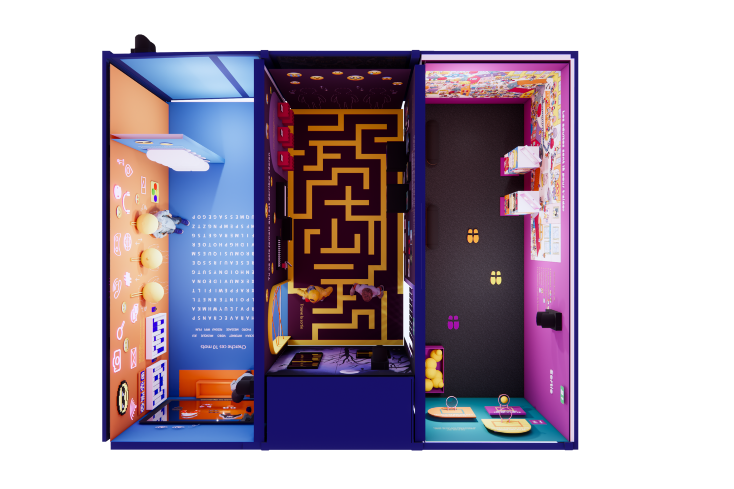 Cutaway view of the traveling pavilion revealing multiple immersive spaces with distinct graphic universes, designed as an interactive educational journey focused on digital usage.